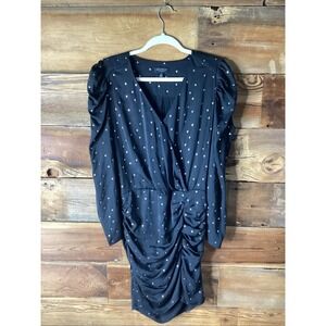 CURRENT AIR Black Dress Metallic Star Print Surplice V-Neck Long Sleeve Ruched M